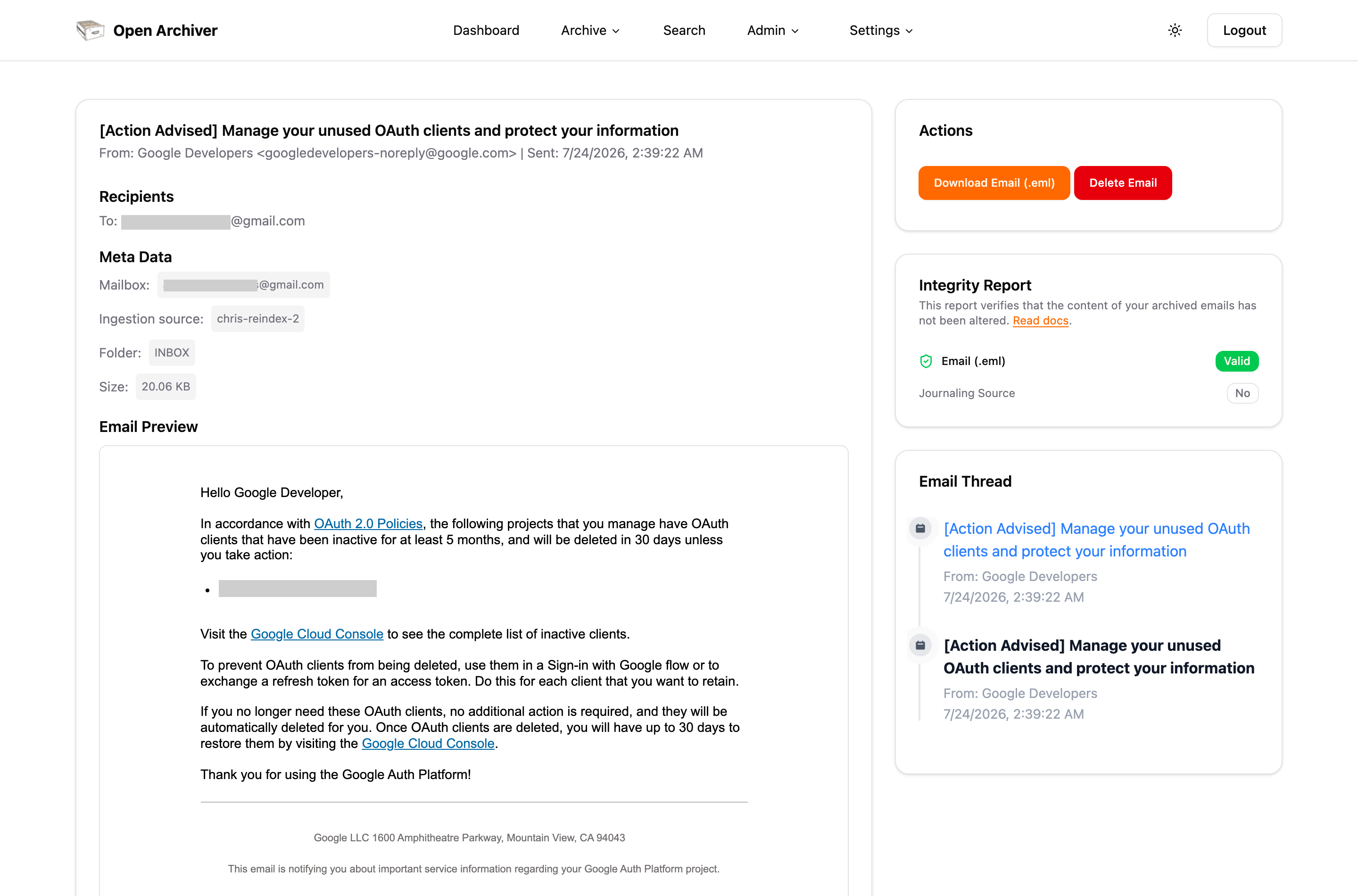 Archived email detail showing the integrity report panel