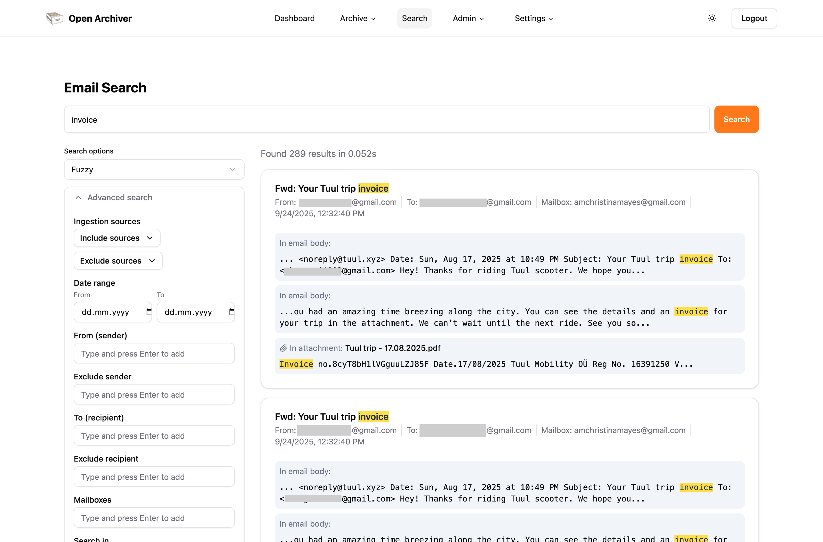 Search results with highlighted matches