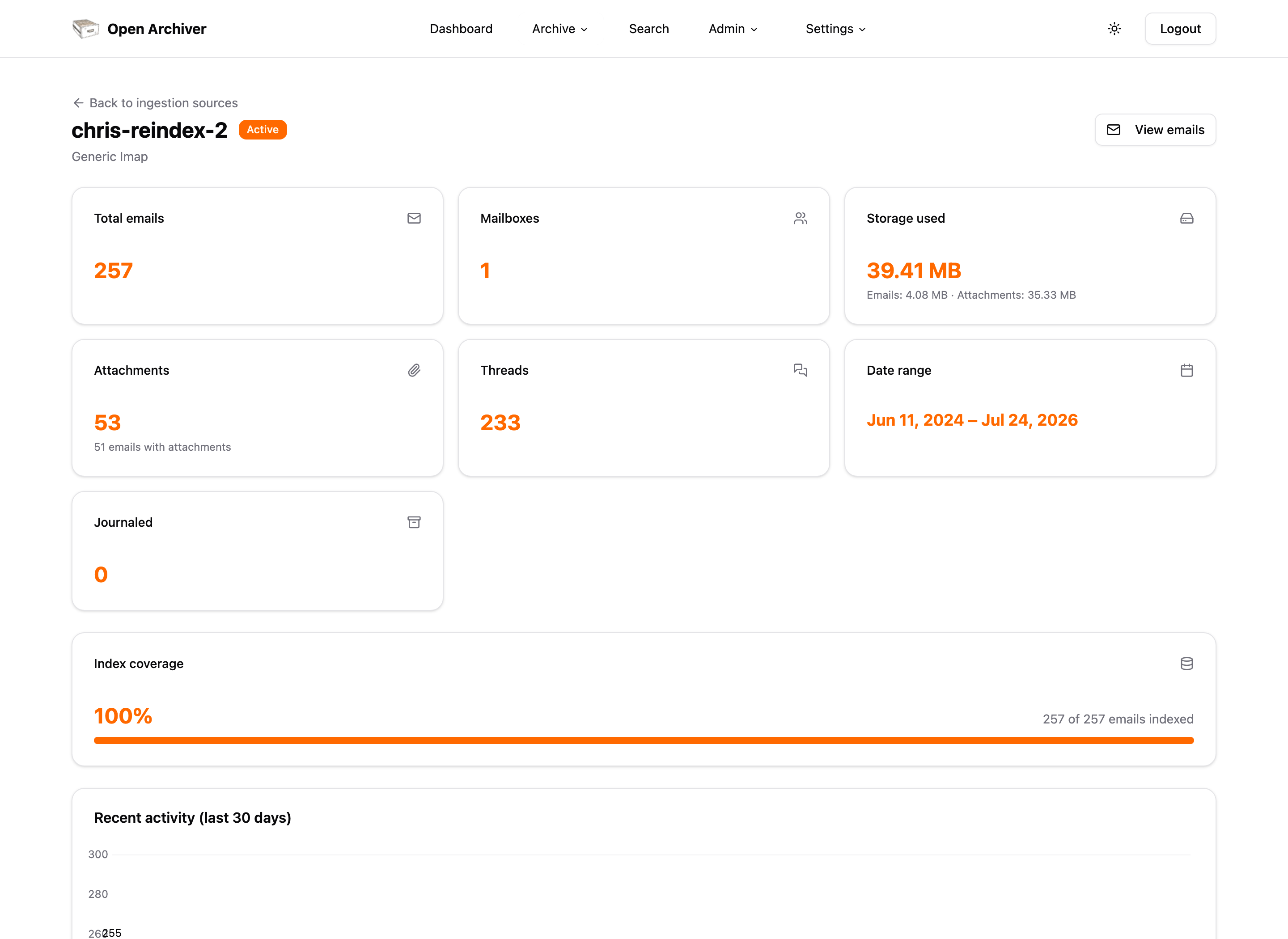 Per-source statistics page with counts, storage, and index coverage