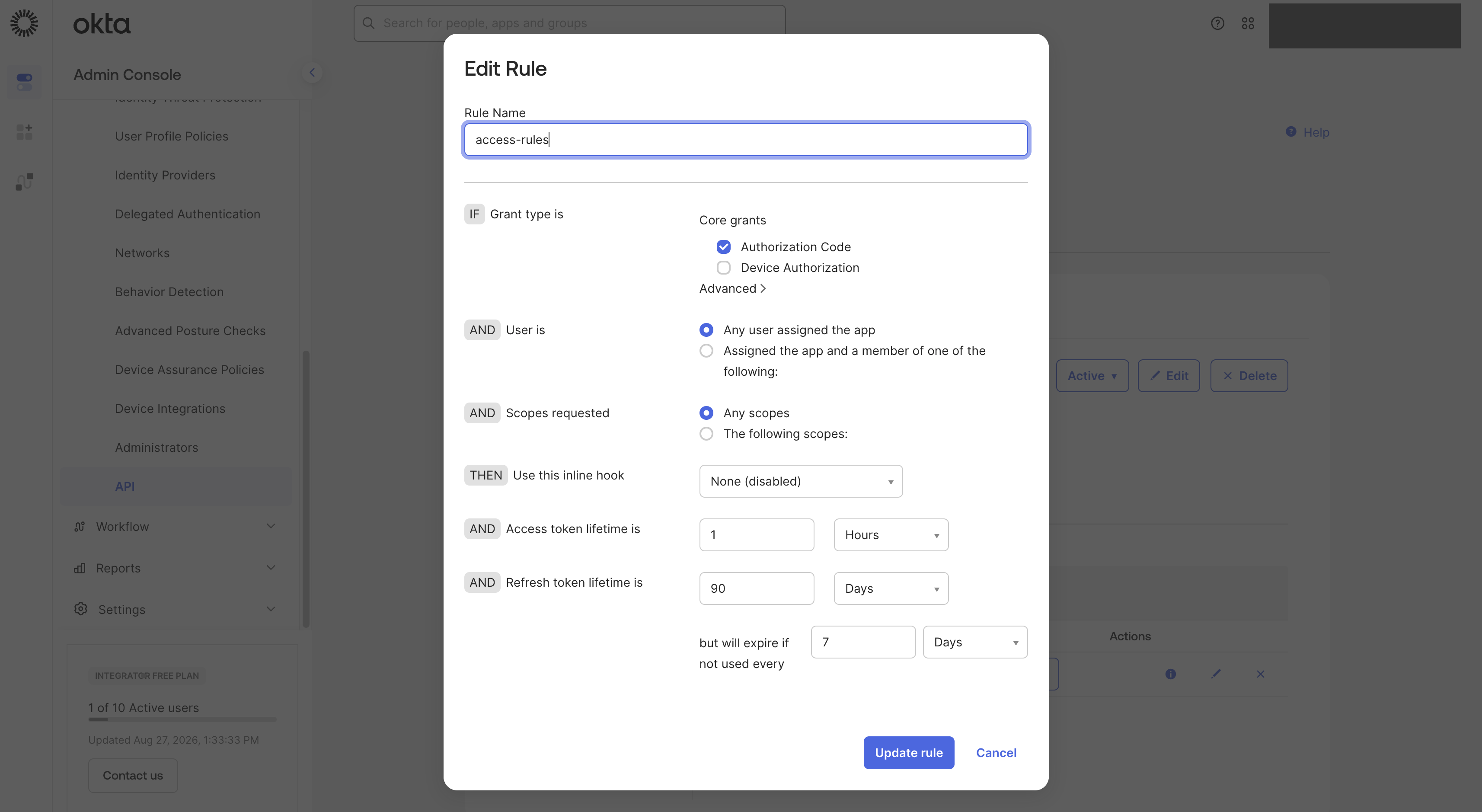 Okta’s Edit Rule dialog for an authorization server access policy, with the Authorization Code grant checked, "Any user assigned the app" selected, and "Any scopes" requested