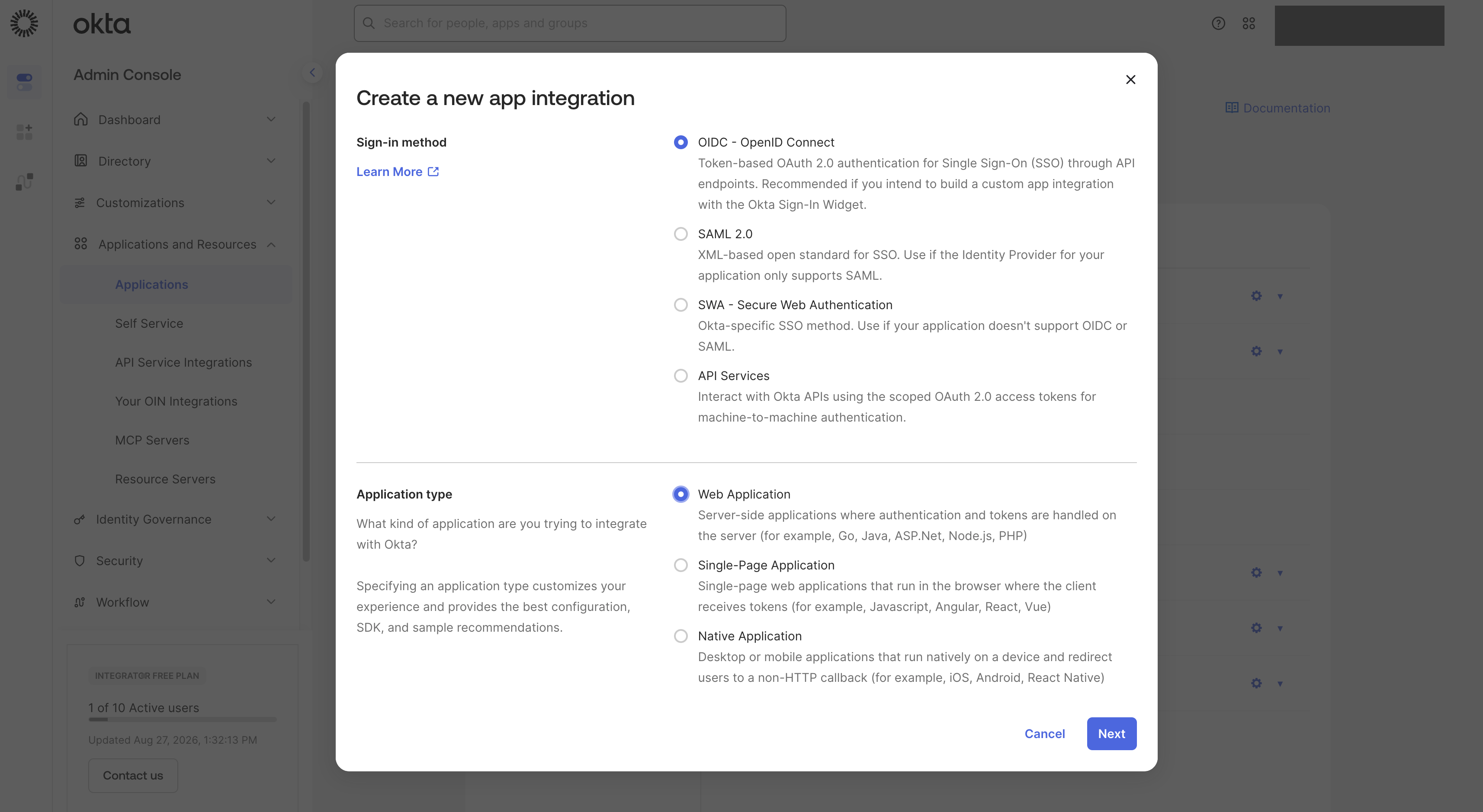 Okta’s "Create a new app integration" dialog with the OIDC - OpenID Connect sign-in method and the Web Application type selected
