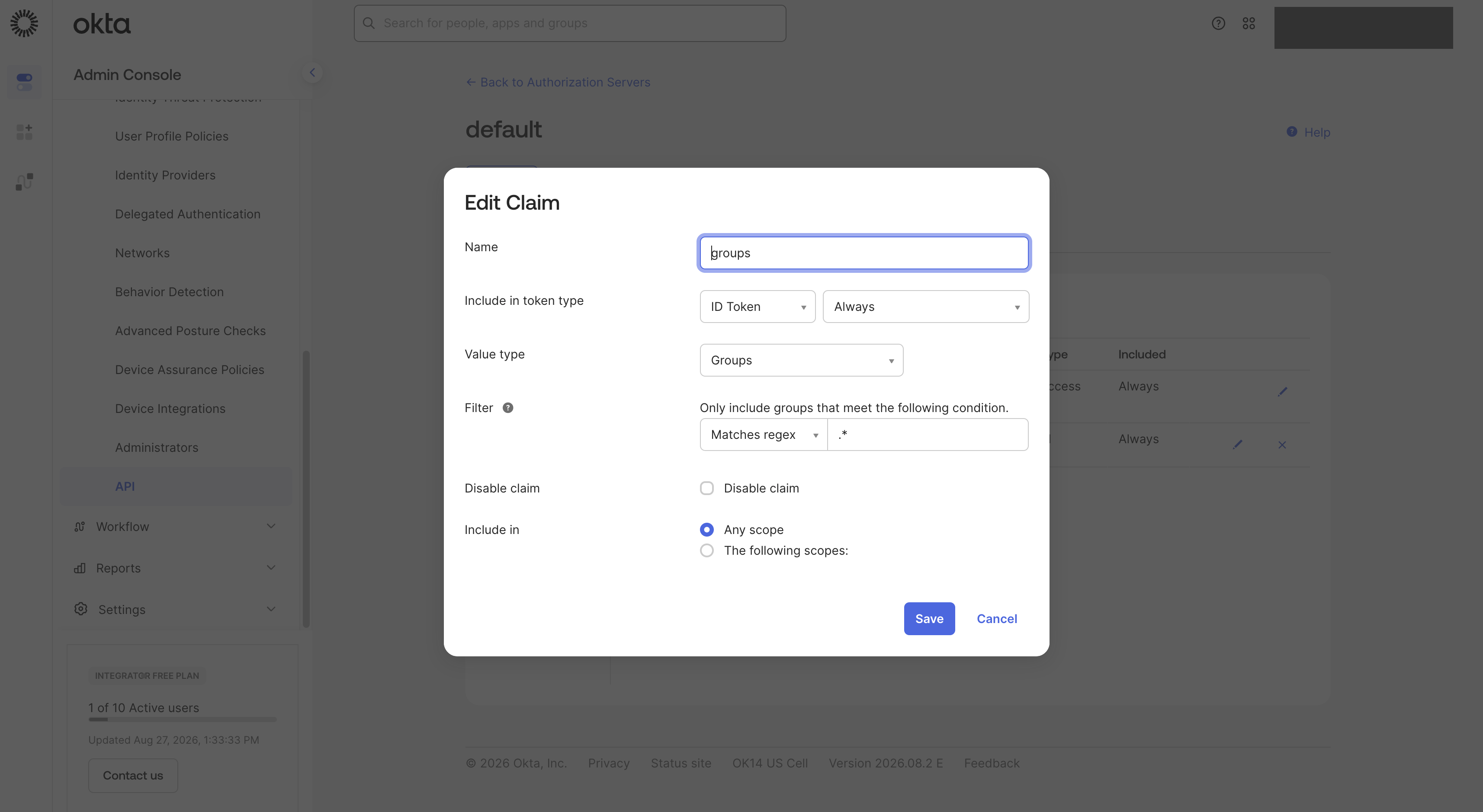 Okta’s Edit Claim dialog showing a claim named groups, included in the ID token always, with value type Groups, a "Matches regex" filter of .*, and included in any scope